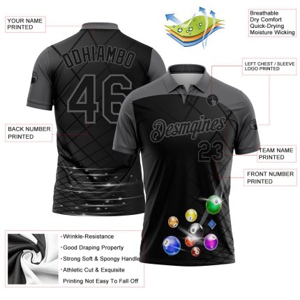 Custom Name and Number Polo Shirt for Billiards, 3D Black Gray Pattern Design, Performance Wear Personalized Black Gray 3D
