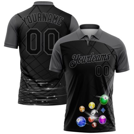 Custom Name and Number Polo Shirt for Billiards, 3D Black Gray Pattern Design, Performance Wear Personalized Black Gray 3D