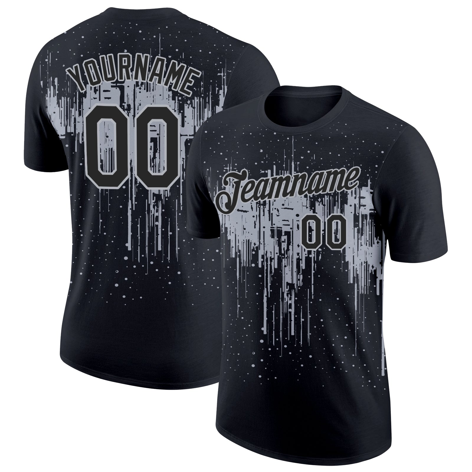 Custom Name and Number 3D Dripping Splatter Art Performance T-Shirt - Personalized Black Gray Team Shirt Personalized Black
