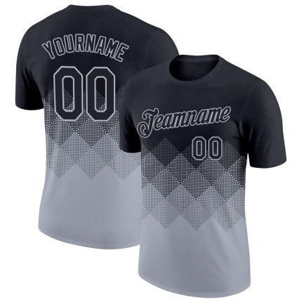 Custom Name Number Gradient T-Shirt with 3D Black Gray Square Pattern - Performance Apparel for Teams Personalized Black