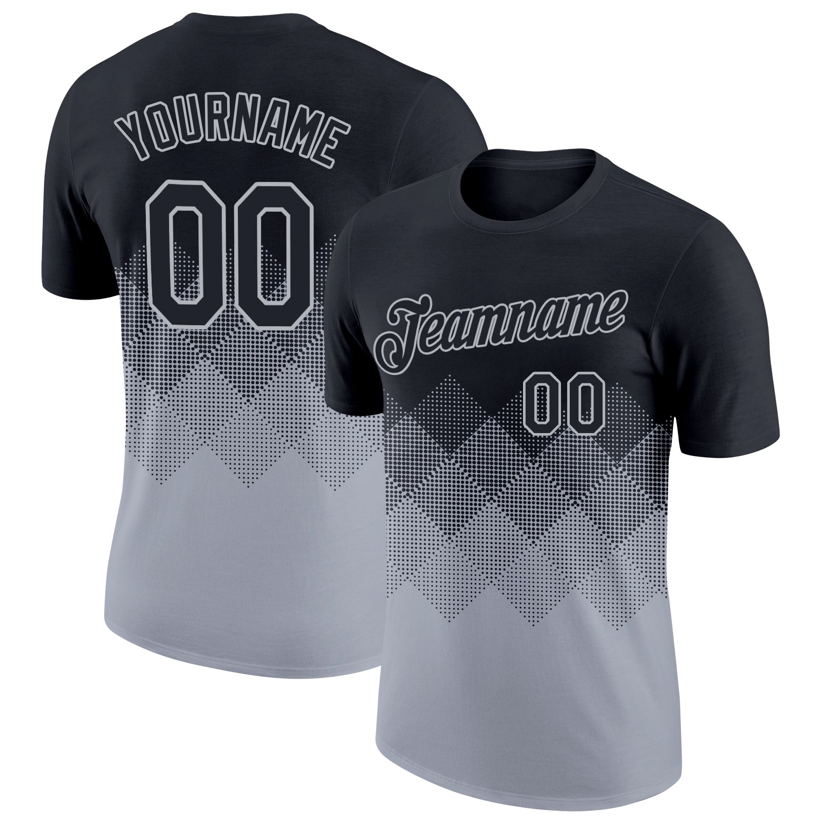 Custom Name Number Gradient T-Shirt with 3D Black Gray Square Pattern - Performance Apparel for Teams Personalized Black
