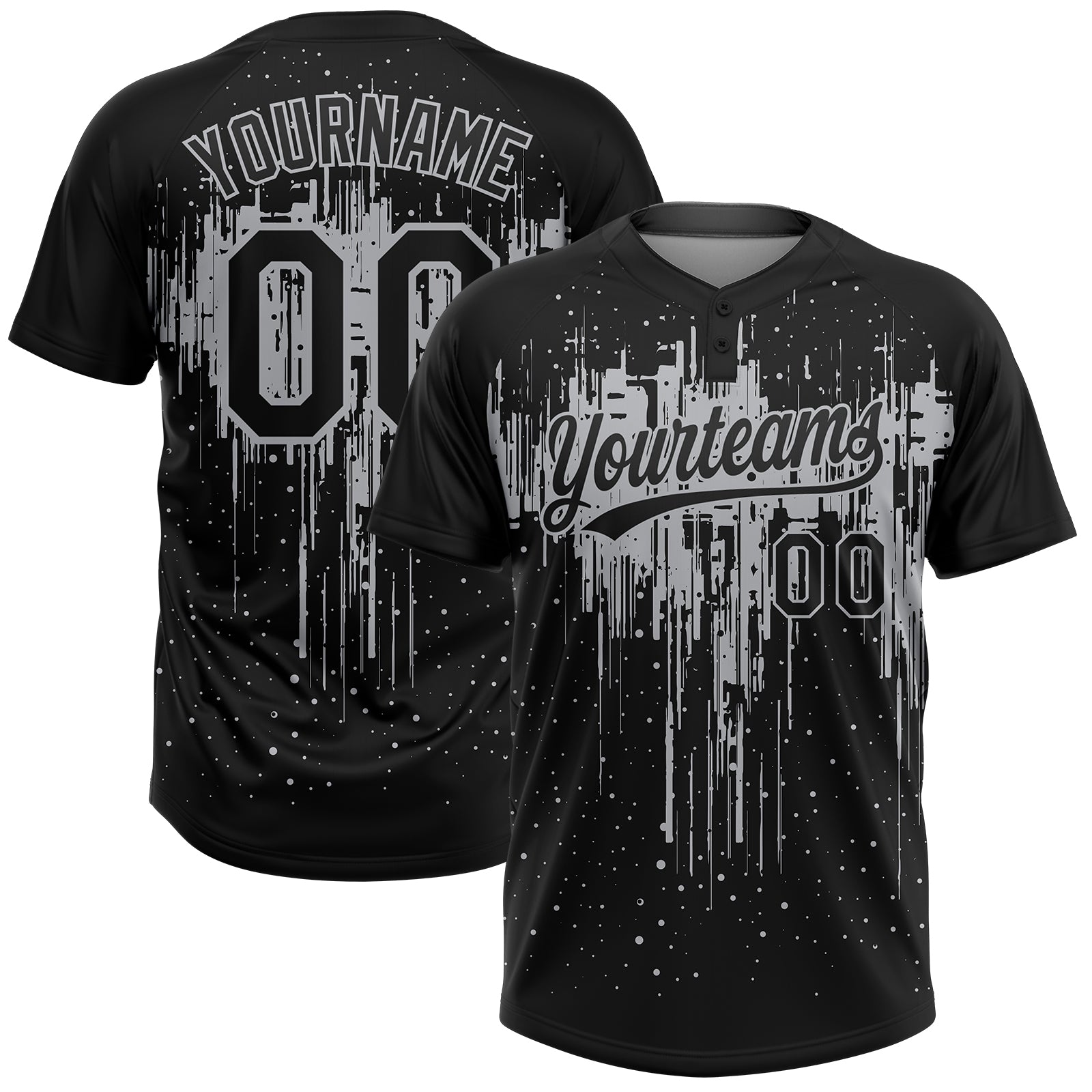 Custom Name and Number Personalized 3D Dripping Splatter Art Black Gray Two-Button Unisex Softball Jersey Personalized Black