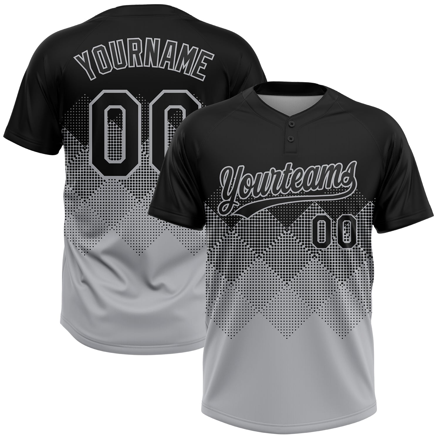Custom Name and Number Unisex Softball Jersey - 3D Black Gray Gradient Square Pattern, Two-Button Design Personalized Black