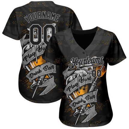 Personalized 3D Play Beer Dart Baseball Jersey in Black and Gray Personalized Black Gray 3D Play Dart Drink Beer Baseball