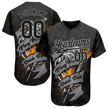 Personalized 3D Play Beer Dart Baseball Jersey in Black and Gray Personalized Black Gray 3D Play Dart Drink Beer Baseball