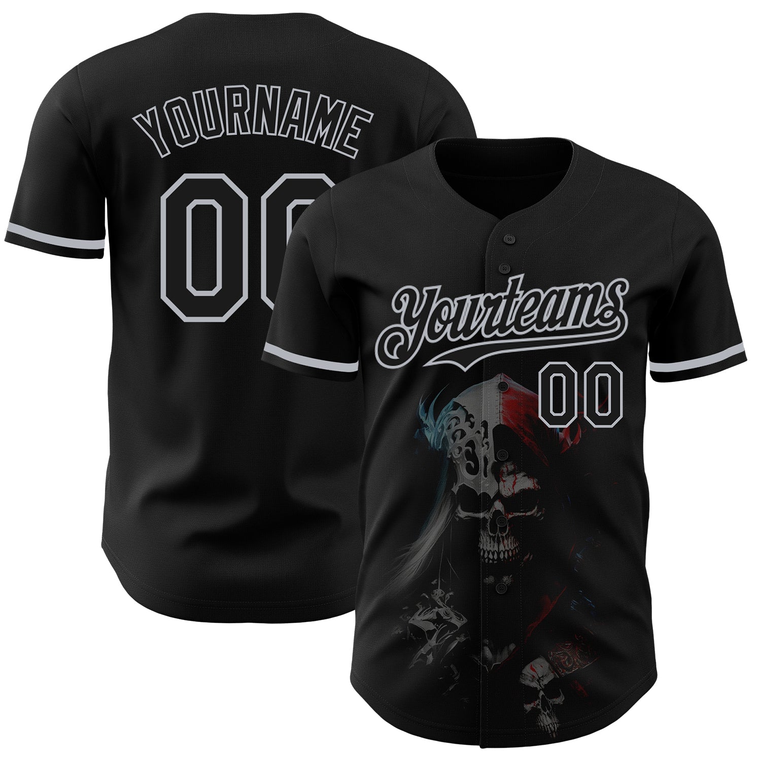 Custom Name and Number Baseball Jersey - Personalized 3D Skull Design in Black and Gray Fashion Style Personalized Black