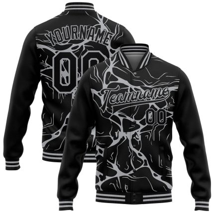 Custom Black Gray 3D Abstract Network Varsity Letterman Bomber Jacket Full-Snap Personalized Black Gray Abstract Network