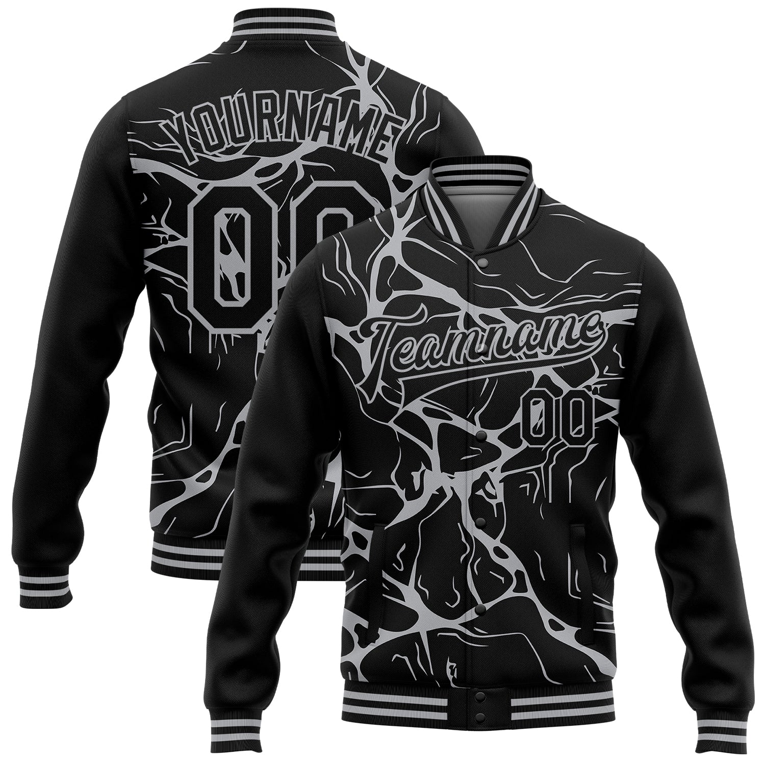 Custom Name and Number Black Gray Abstract 3D Pattern Bomber Varsity Jacket - Personalized Full-Snap Letterman Jacket Personalized