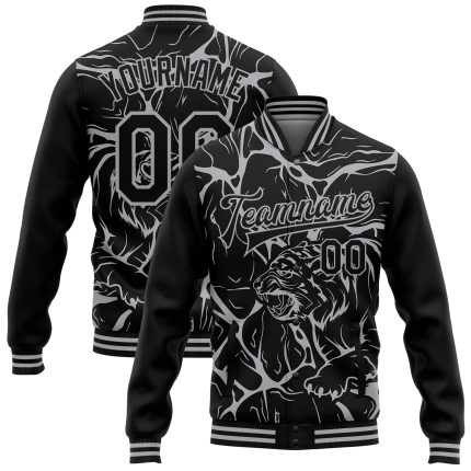 Personalized 3D Tiger Varsity Letterman Jacket - Black Gray Abstract Network Full-Snap Bomber Personalized Black Gray Abstract