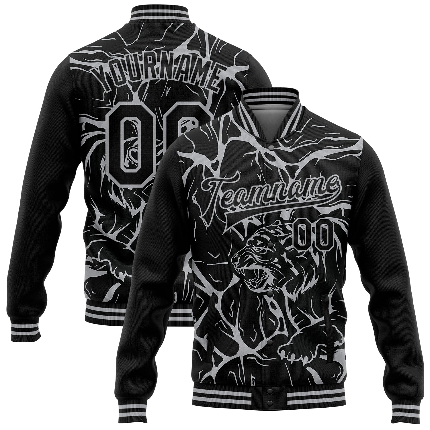 Custom Name and Number Tiger 3D Pattern Varsity Letterman Bomber Jacket - Personalized Black Gray Abstract Design Personalized