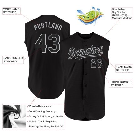 Custom Team Name Number Baseball Jersey - Personalized Black Gray Authentic Sleeveless Style Personalized Black Gray Authentic