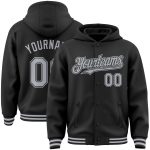 Personalized Varsity Letterman Hoodie Jacket Black Gray Bomber Style Full-Snap Personalized Black Gray Bomber Full-Snap Varsity