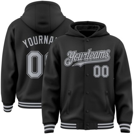 Personalized Varsity Letterman Hoodie Jacket Black Gray Bomber Style Full-Snap Personalized Black Gray Bomber Full-Snap Varsity