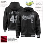 Personalized Varsity Letterman Hoodie Jacket Black Gray Bomber Style Full-Snap Personalized Black Gray Bomber Full-Snap Varsity