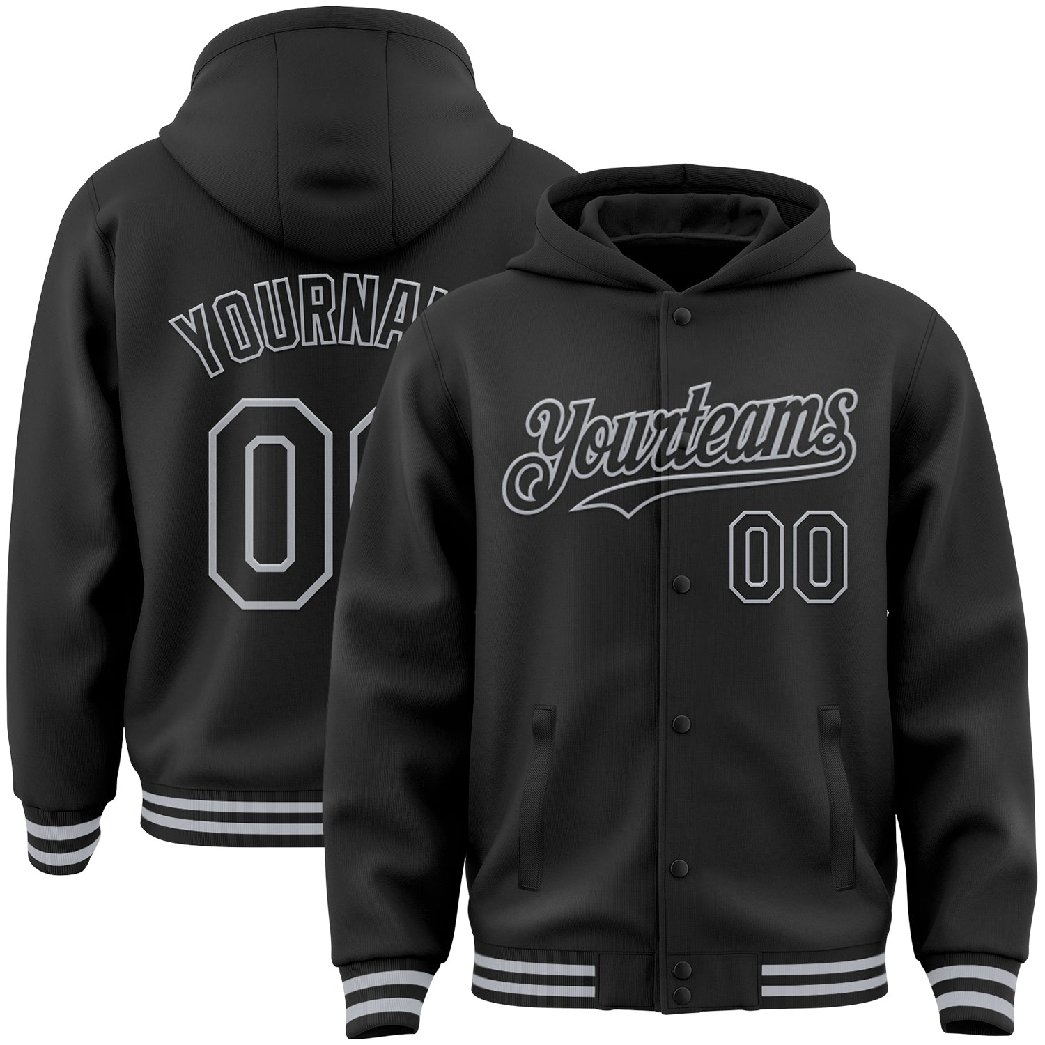 Custom Varsity Letterman Hoodie Jacket with Personalized Name and Number - Black Gray Full-Snap Bomber Style Personalized