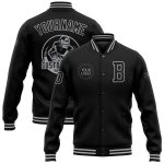 Personalized Varsity Letterman Bomber Jacket in Black and Gray - Full-Snap Design Personalized Black Gray Bomber Full-Snap