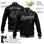 Custom Black Gray Varsity Jacket Full-Snap Bomber Letterman Style Entertainment Apparel Personalized Black Gray Bomber Full-Snap