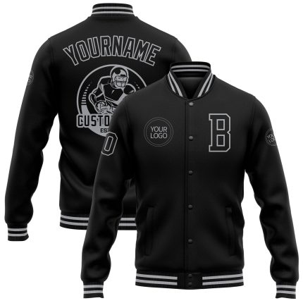 Personalized Varsity Letterman Jacket in Black and Gray - Full-Snap Bomber Style Personalized Black Gray Bomber Full-Snap