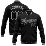 Custom Black Gray Varsity Jacket Full-Snap Bomber Letterman Style Entertainment Apparel Personalized Black Gray Bomber Full-Snap