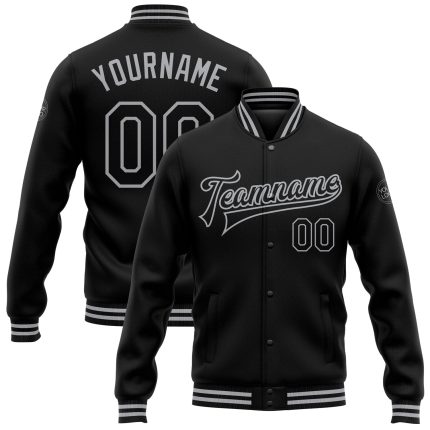 Custom Black Gray Varsity Jacket Full-Snap Bomber Letterman Style Entertainment Apparel Personalized Black Gray Bomber Full-Snap