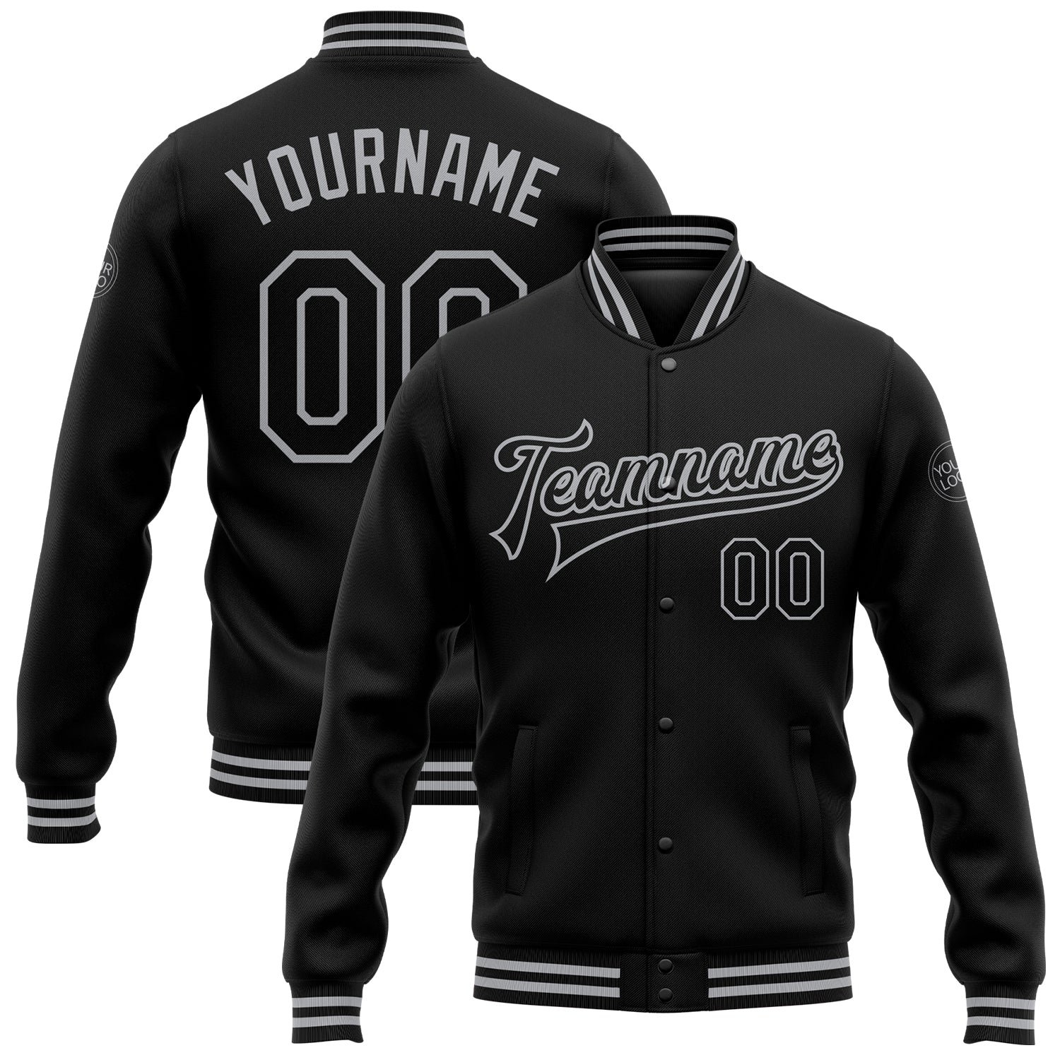 Custom Name Number Varsity Jacket Black Gray Bomber Full-Snap Letterman for Teams Personalized Black Gray Bomber Full-Snap