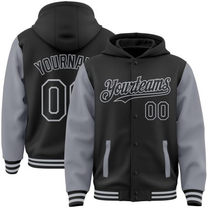 Custom Varsity Letterman Hoodie Jacket Personalized Two Tone Black Gray Bomber with Team Name and Number Personalized Black