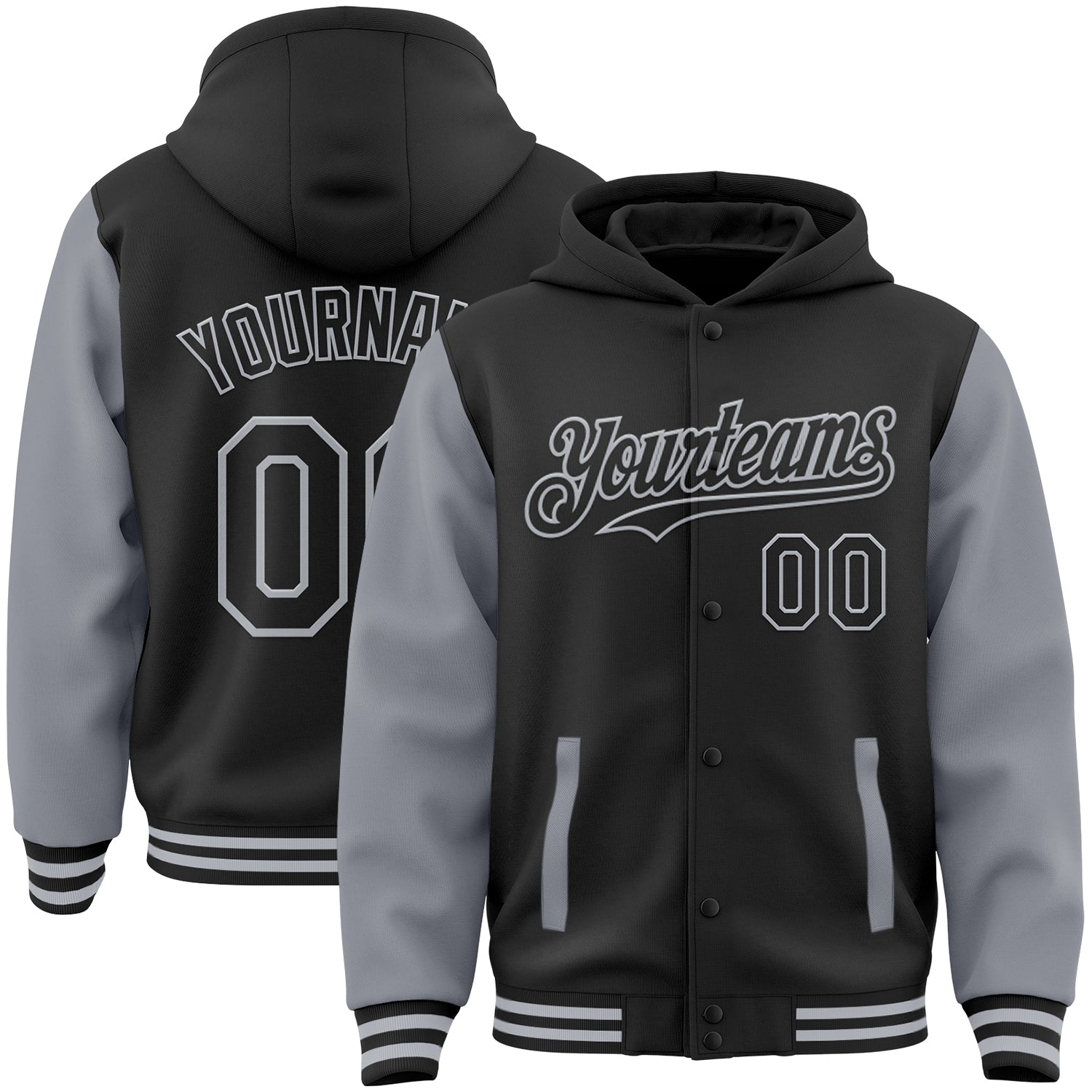 Custom Varsity Letterman Hoodie Jacket Personalized Two Tone Black Gray Bomber with Team Name and Number Personalized Black