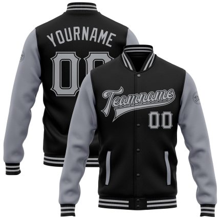 Personalized Two Tone Varsity Letterman Bomber Jacket Black Gray Full-Snap 2 Personalized Black Gray Bomber Full-Snap Varsity