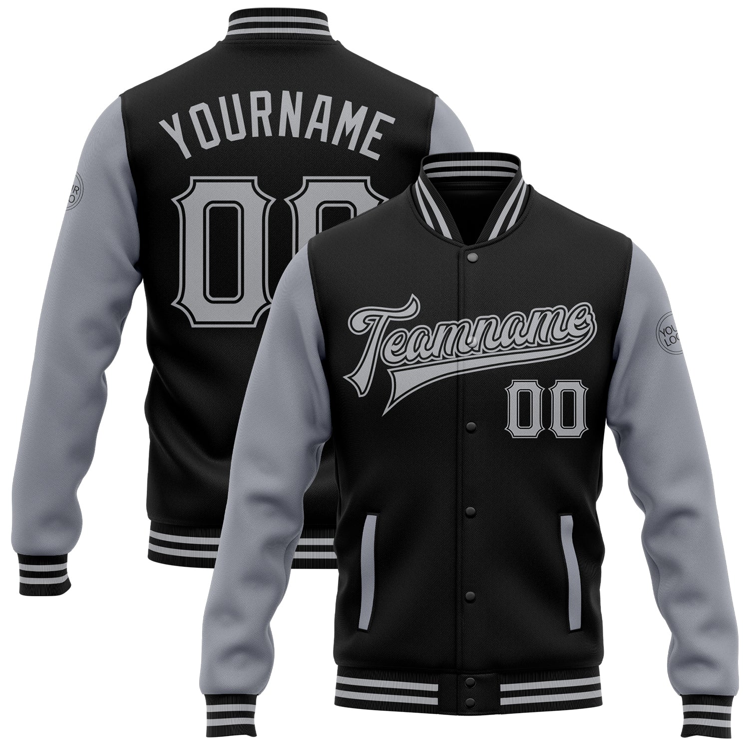 Personalized Two Tone Varsity Letterman Bomber Jacket Black Gray Full-Snap 2 Personalized Black Gray Bomber Full-Snap Varsity