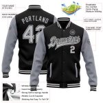 Custom Two-Tone Black Gray Varsity Letterman Bomber Jacket Full-Snap, Personalized Style Personalized Black Gray Bomber Full-Snap