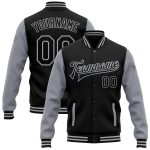 Custom Two Tone Varsity Letterman Jacket with Name and Number - Personalized Black Gray Full-Snap Bomber Personalized Black