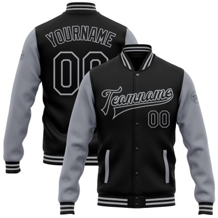 Personalized Varsity Letterman Jacket Black Gray Two Tone Full-Snap Bomber Personalized Black Gray Bomber Full-Snap Varsity