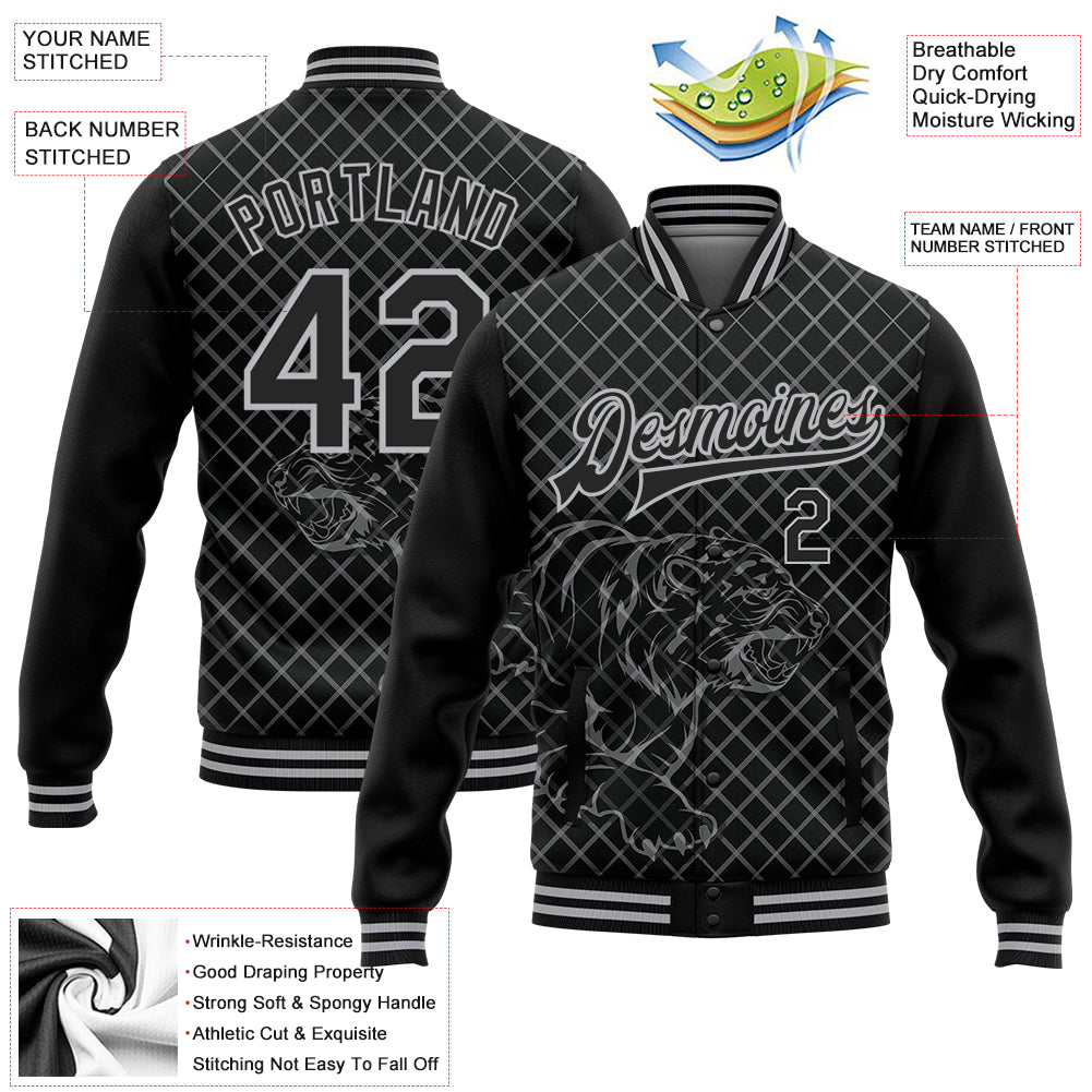 Personalized Black Gray Check And Tiger 3D Bomber Full-Snap Varsity Letterman Jacket Personalized Tiger 3D Bomber Letterman Jacket - Black Gray Check Full-Snap Varsity Jacket Personalized Black Gray Check And - Image 5