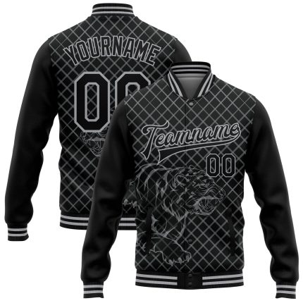 Personalized Tiger 3D Bomber Letterman Jacket - Black Gray Check Full-Snap Varsity Jacket Personalized Black Gray Check And