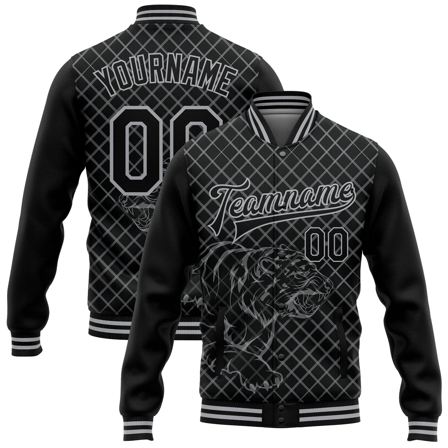 Custom Name and Number Bomber Jacket Black Gray Check Tiger 3D Pattern Varsity Full-Snap Design Team Apparel Personalized