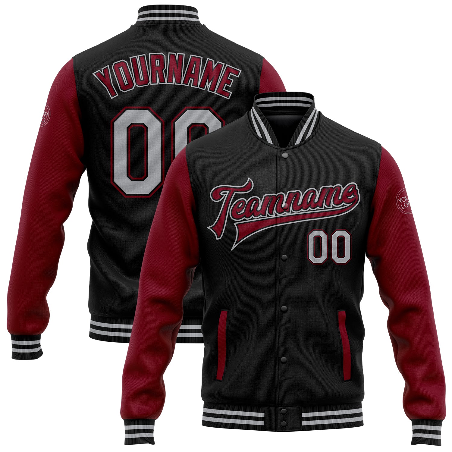 Custom Team Name and Number Black Gray Crimson Bomber Varsity Letterman Two Tone Jacket Personalized Black Gray-Crimson Bomber