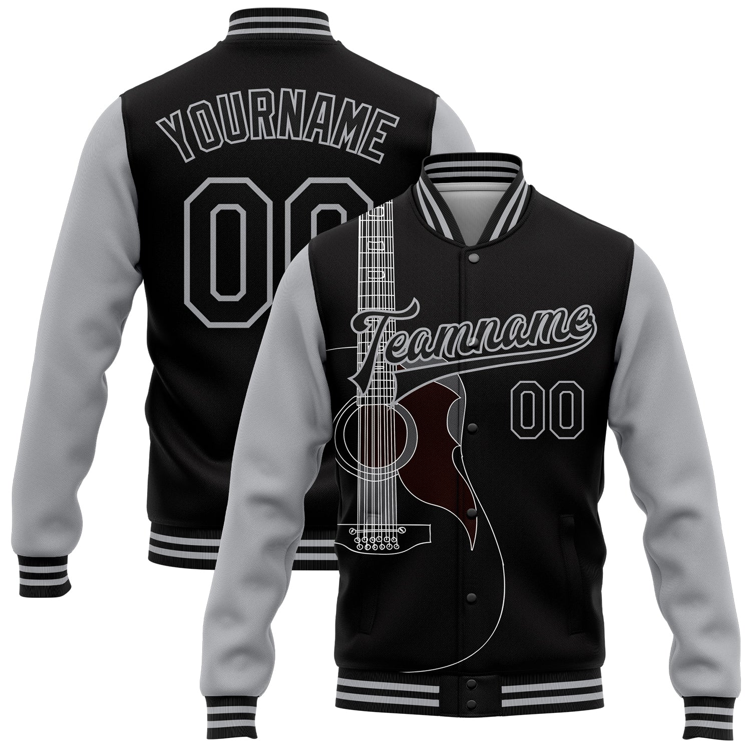Custom Name and Number Personalized Black Gray 3D Pattern Guitar Music Festival Bomber Varsity Jacket Personalized Black