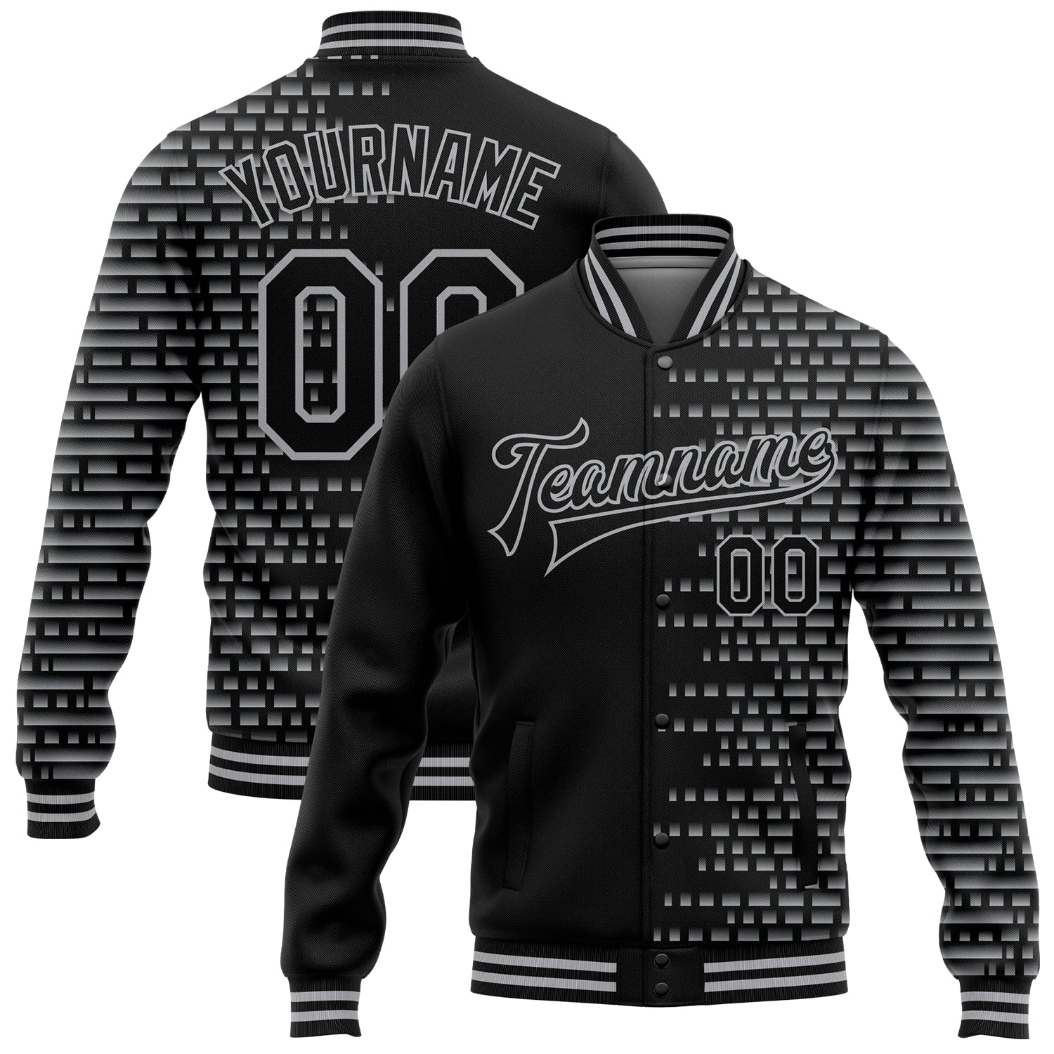 Personalized 3D Varsity Letterman Jacket Black Gray Halftone Full-Snap Bomber Personalized Black Gray Halftone 3D Bomber