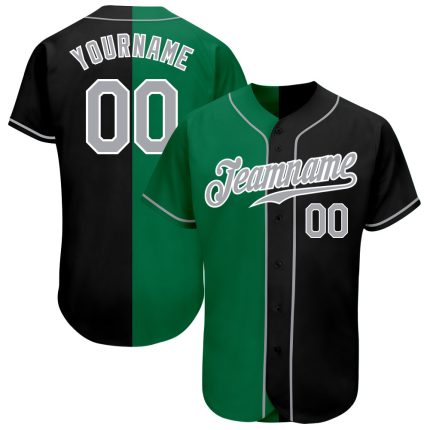 Personalized Black and Gray Split Baseball Jersey with Kelly Green Accent Personalized Black Gray-Kelly Green Split Fashion