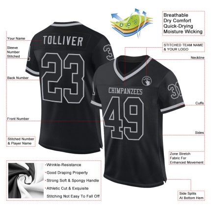 Custom Team Football Jersey - Personalized Black Gray Mesh with Name & Number - Authentic Throwback Style Personalized Black