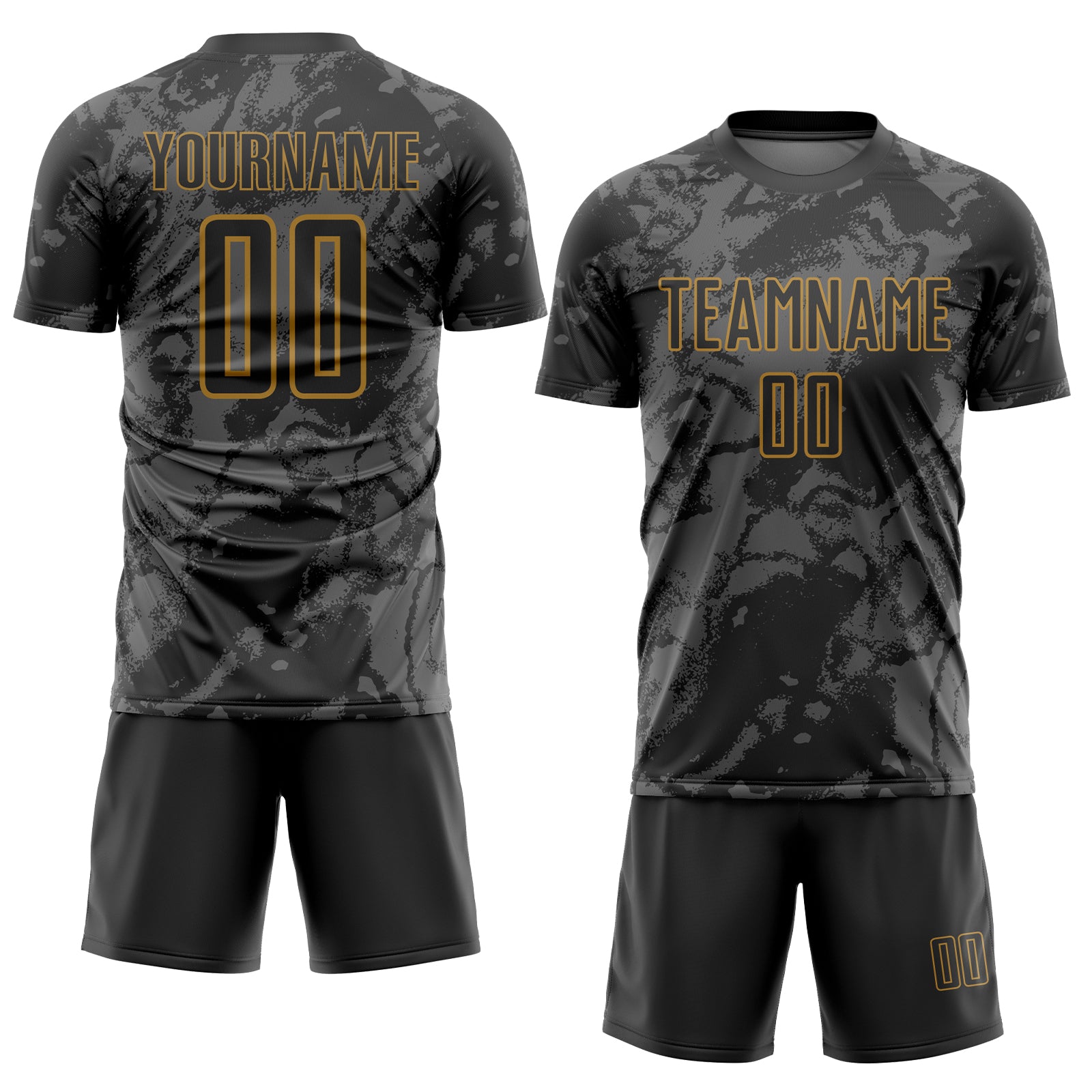 Personalized Black Gray-Old Gold Abstract Grunge Art Sublimation Soccer Uniform Jersey Team Custom Name and Number Custom Soccer Jersey with Personalized Name and Number, Black Gray Abstract Grunge Art Design Personalized Black Gray-Old - Image 2