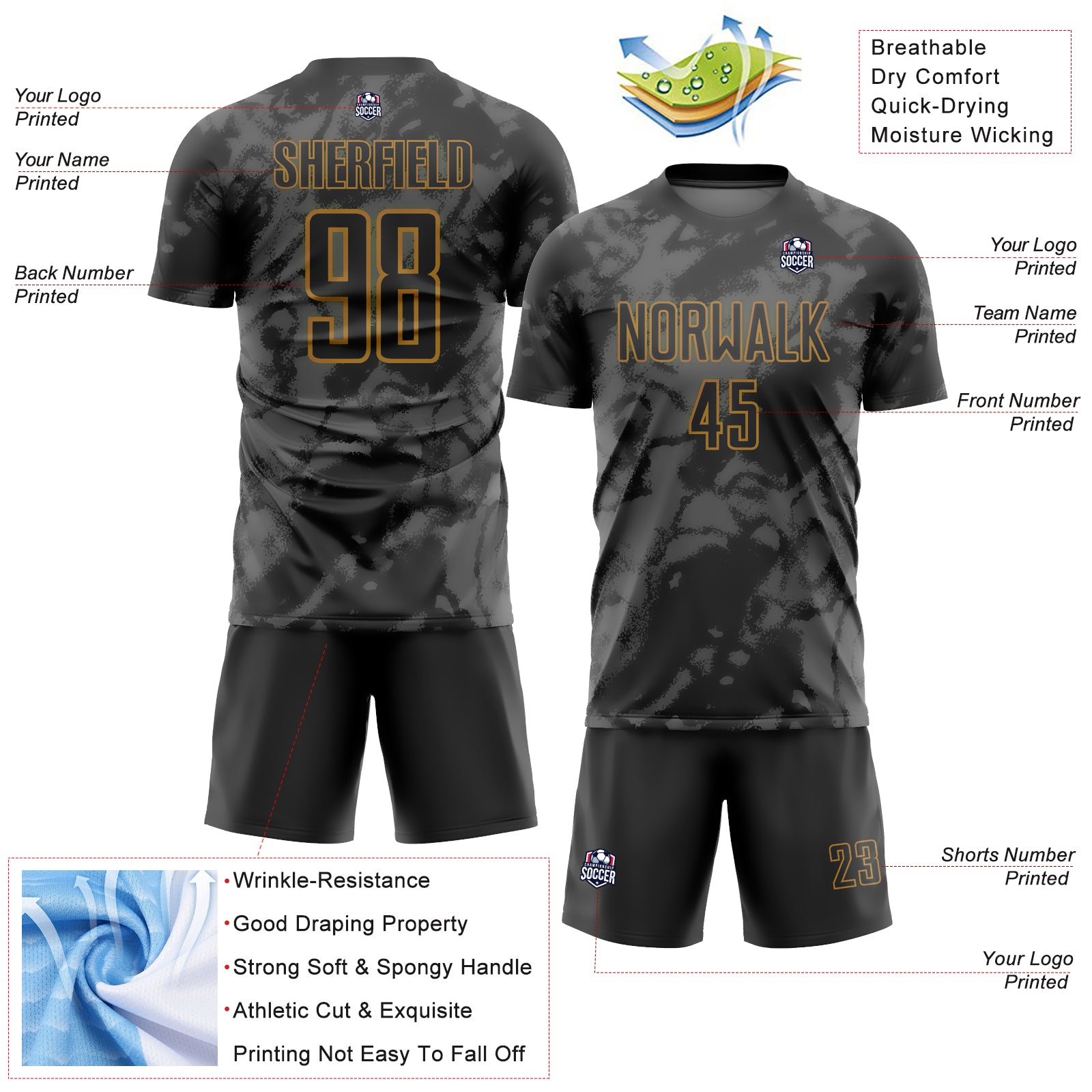 Personalized Black Gray-Old Gold Abstract Grunge Art Sublimation Soccer Uniform Jersey Team Custom Name and Number Custom Soccer Jersey with Personalized Name and Number, Black Gray Abstract Grunge Art Design Personalized Black Gray-Old - Image 4