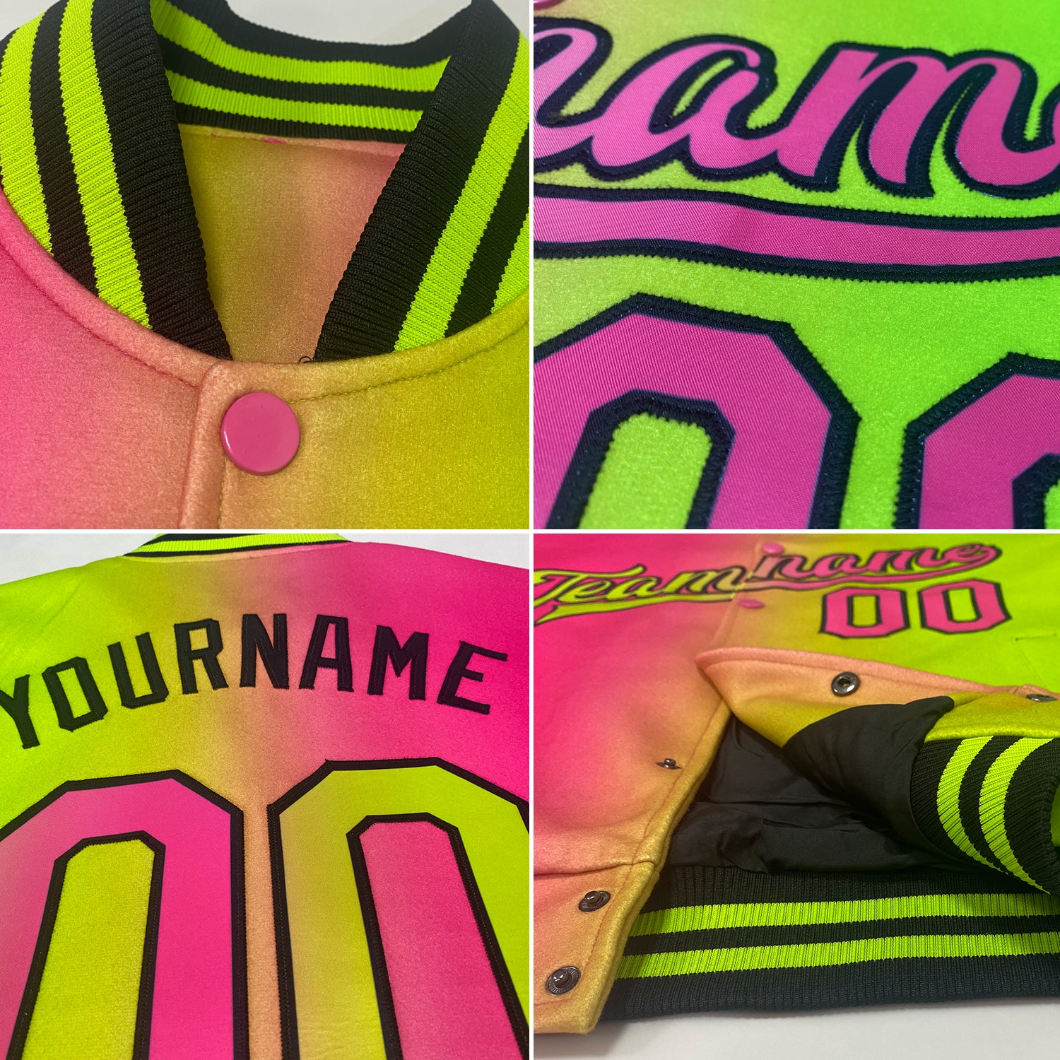 Personalized Black Gray-Old Gold Bomber Full-Snap Varsity Letterman Gradient Fashion Jacket Team Custom Name and Number Custom Name Number Varsity Letterman Bomber Jacket Gray Black Gold Gradient Fashion Full-Snap Team Apparel Personalized Black - Image 2