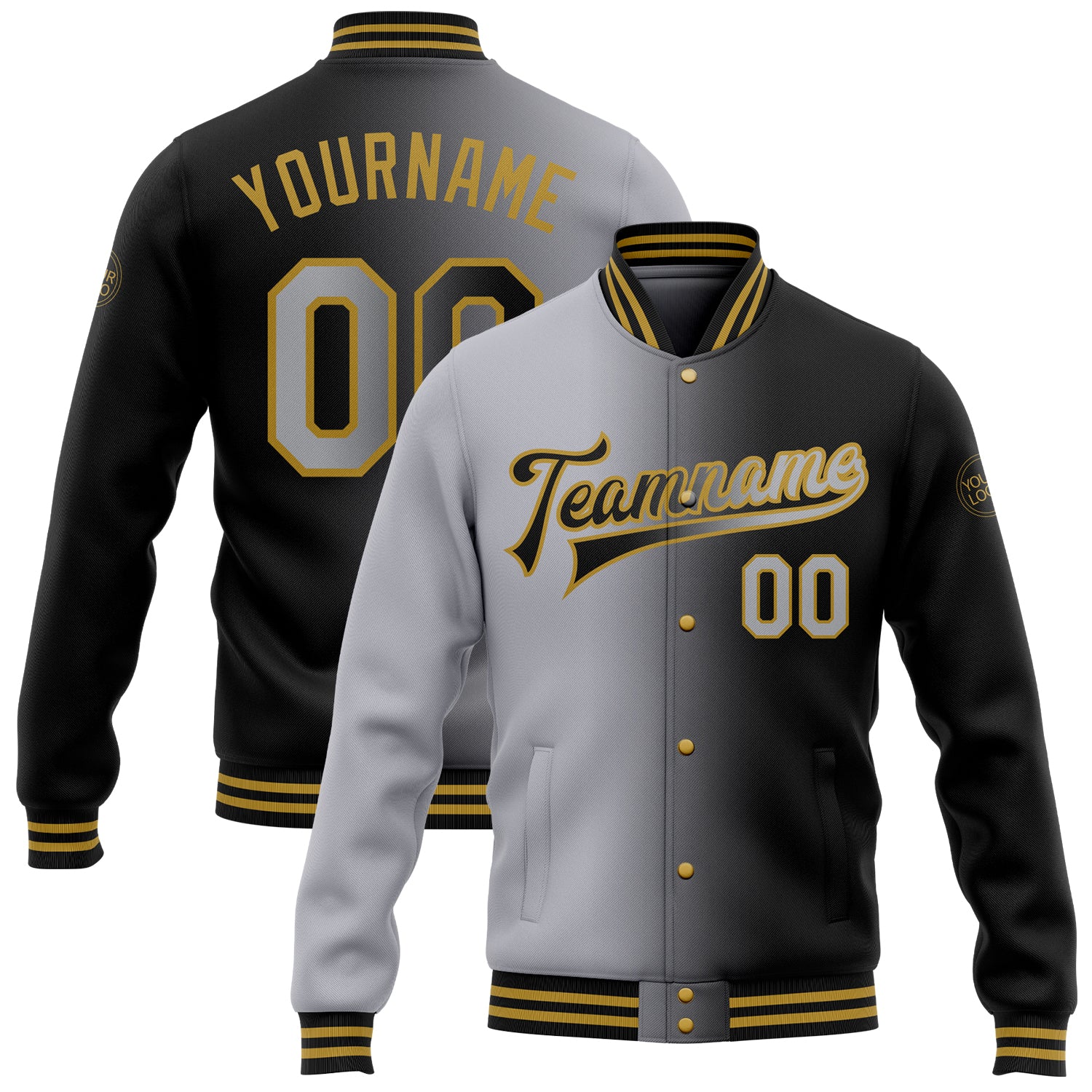 Custom Name Number Varsity Letterman Bomber Jacket Gray Black Gold Gradient Fashion Full-Snap Team Apparel Personalized Black