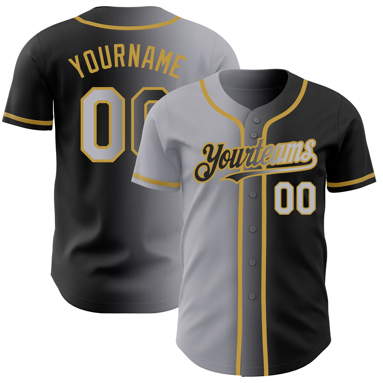 Personalized Gradient Baseball Jersey in Black Gray and Old Gold - Fashion Sportswear Personalized Black Gray-Old Gold Gradient