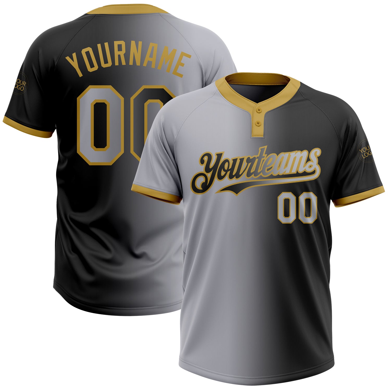 Custom Name and Number Unisex Softball Jersey in Black Gray Old Gold Gradient - Fashion Two-Button Design Personalized Black