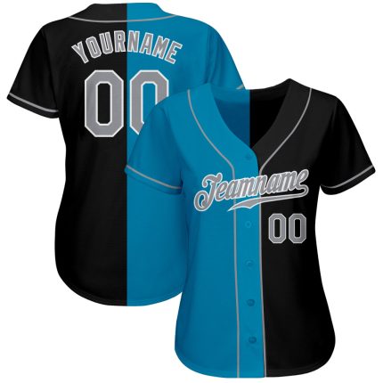 Personalized Black Gray Panther Baseball Jersey - Blue Split Fashion Style Personalized Black Gray-Panther Blue Split Fashion