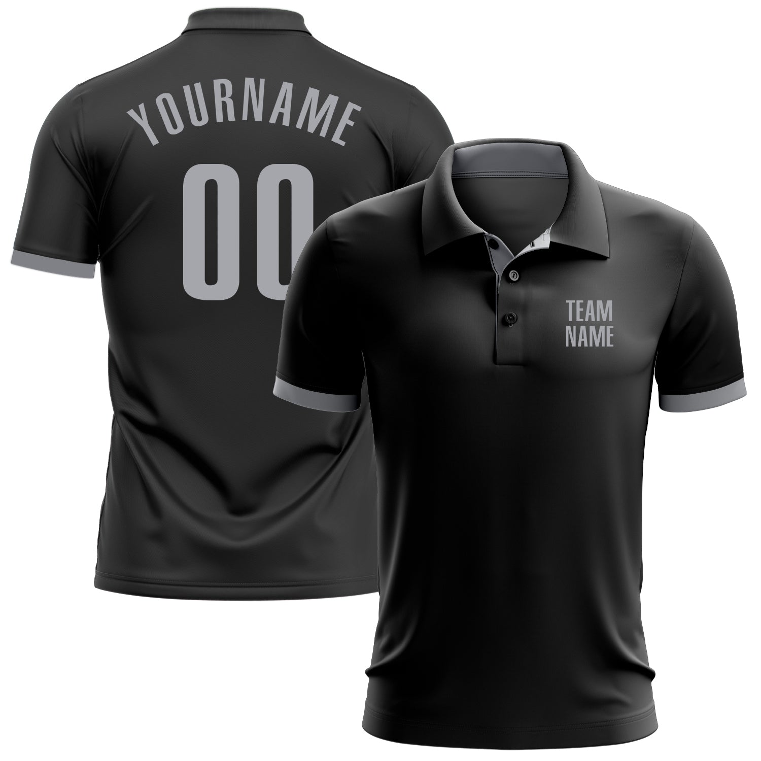 Custom Team Name and Number Performance Golf Polo Shirt in Black and Gray Personalized Black Gray Performance Golf Polo Shirt