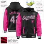 Customizable Varsity Letterman Hoodie Jacket Black Gray-Pink with Team Name & Number - Two Tone Full-Snap Design Personalized