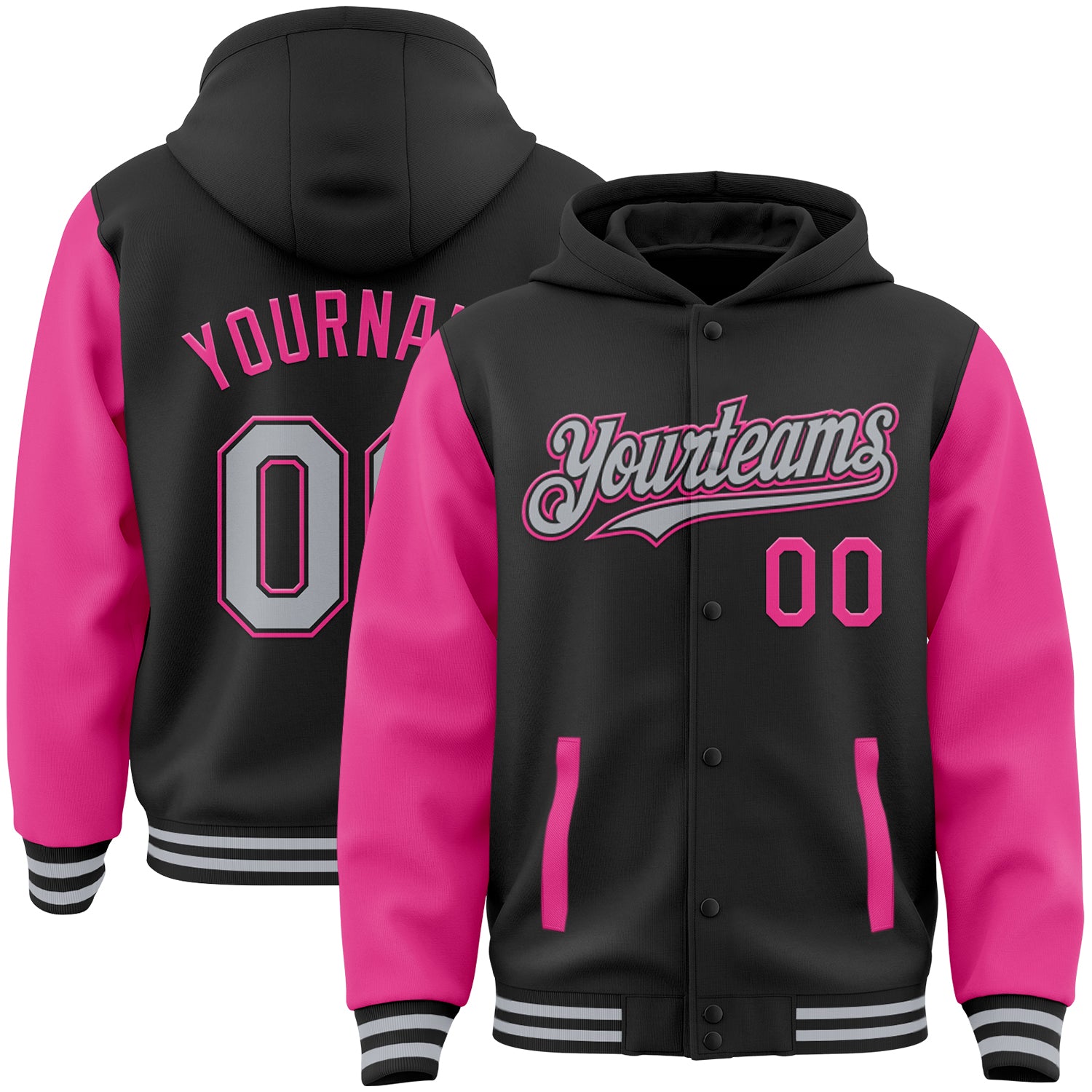 Customizable Varsity Letterman Hoodie Jacket Black Gray-Pink with Team Name & Number - Two Tone Full-Snap Design Personalized